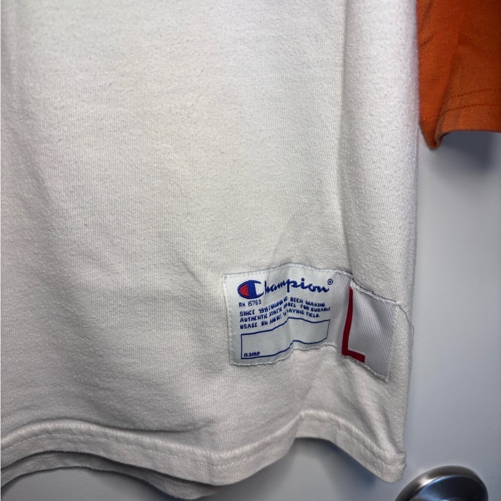 Champion White Body Raglan Tee with Orange Sleeves vintage size L men - Picture 5 of 5